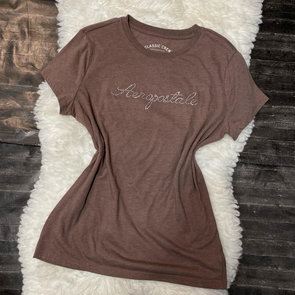 AEROPOSTALE BROWN CLASSIC CREW TEE SHIRT RHINESTONE SPELLOUT Y2K MCBLING